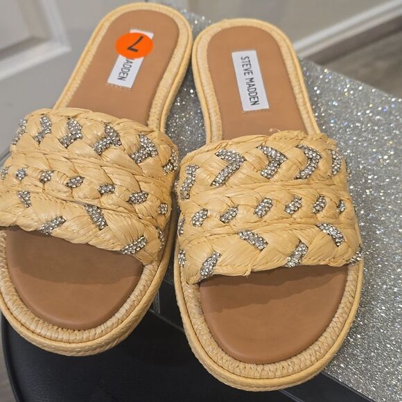Steve Madden Alibi Rhinestone Slide Sandal- Natural Raffia - Picture 13 of 14